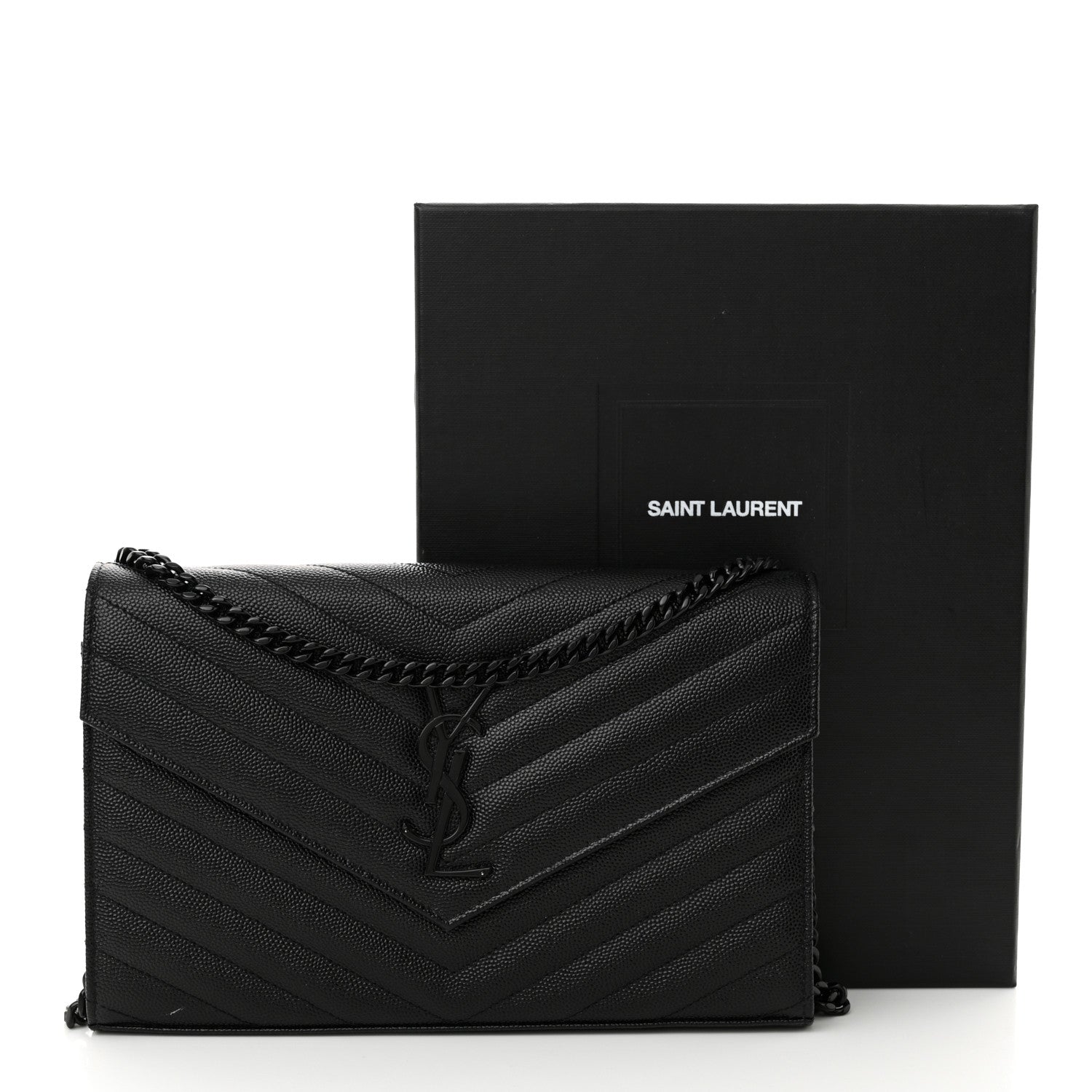 Saint Laurent Grain De Poudre Matelasse Chevron Monogram Monochrome Chain Wallet Black 12 of 12