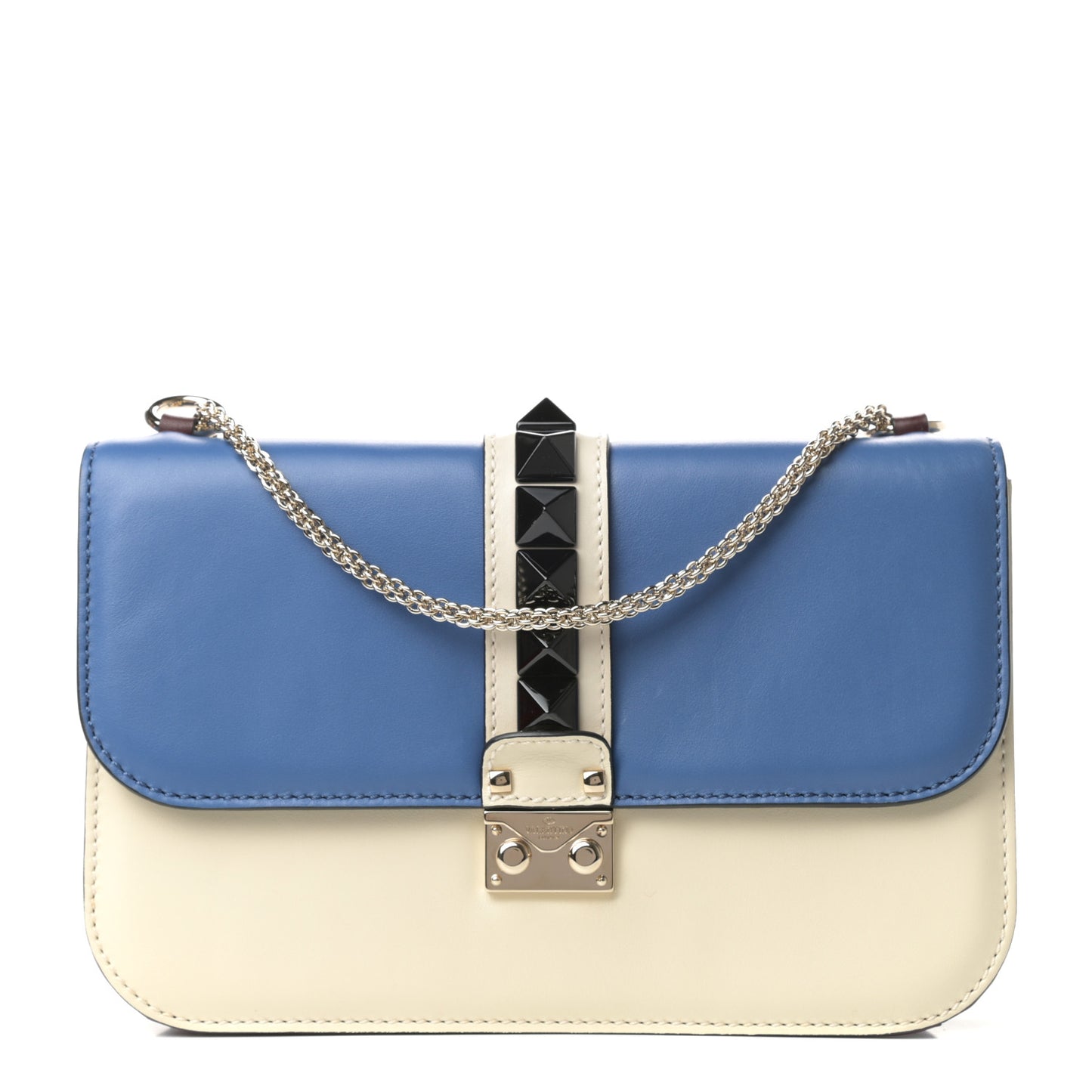 Vitello Medium Tri-Color Glam Lock Rockstud Flap Blue White Burgundy