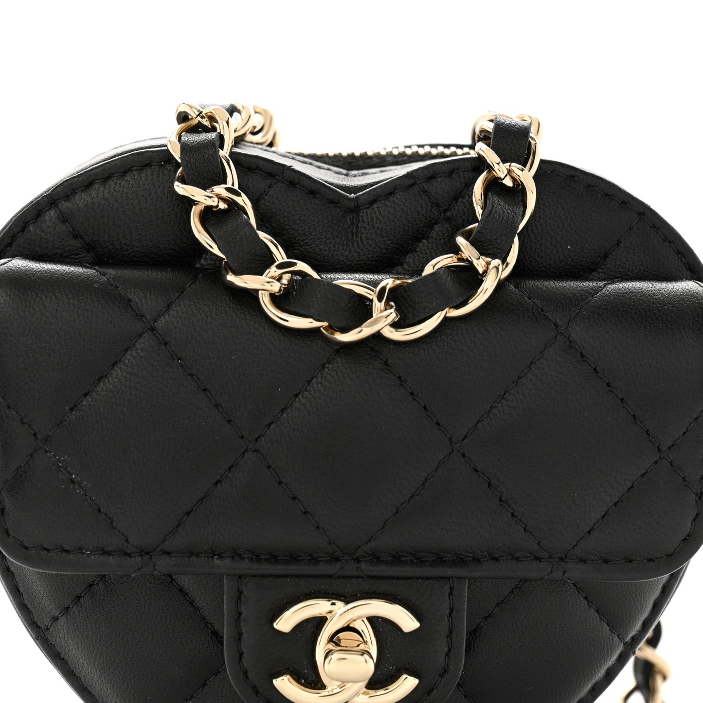 Lambskin Quilted CC In Love Heart Waist Belt Bag With Chain Black