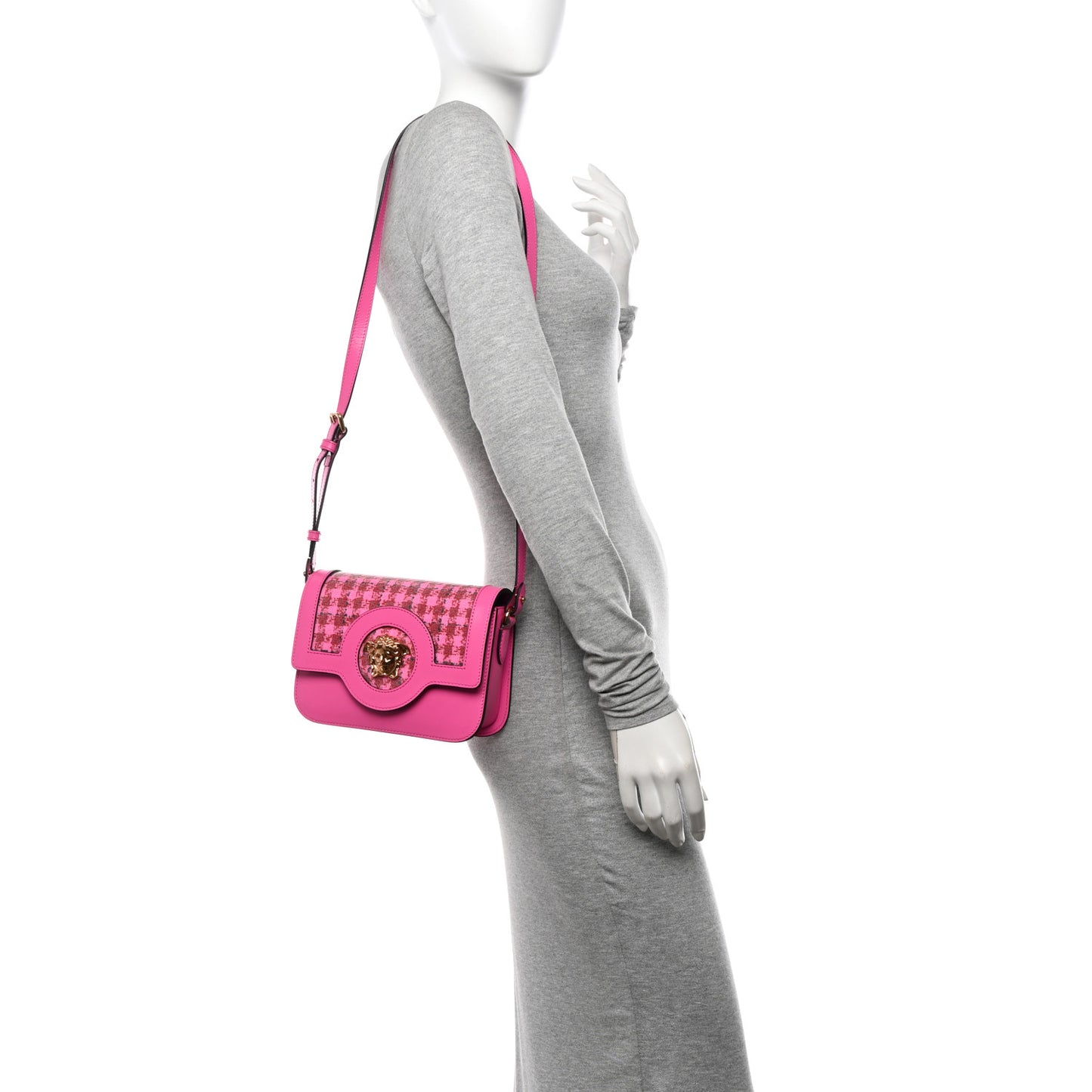 Calfskin Vinyl Small Houndstooth La Medusa Crossbody Bag Pink Multicolor