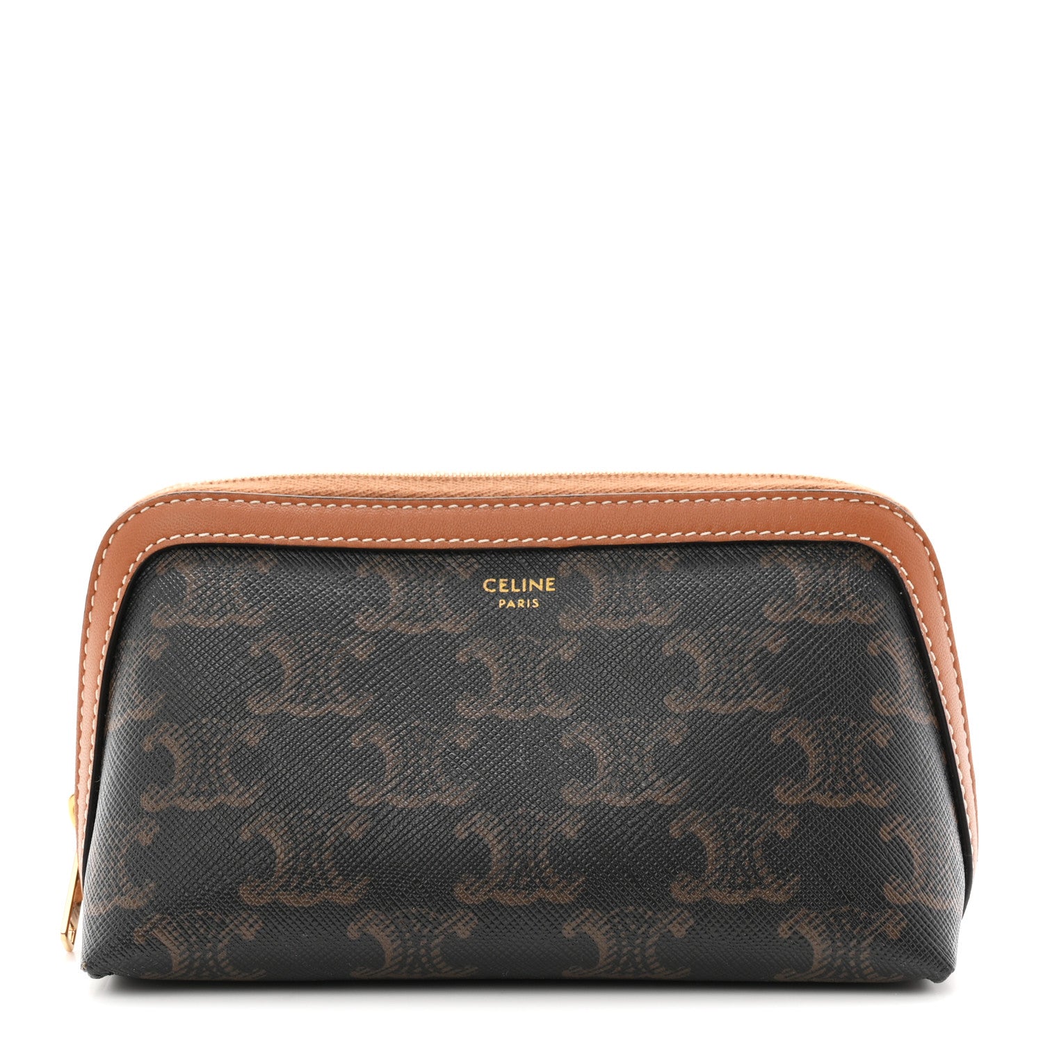 Celine Triomphe Canvas Calfskin Small Cosmetic Pouch Tan 1 of 8
