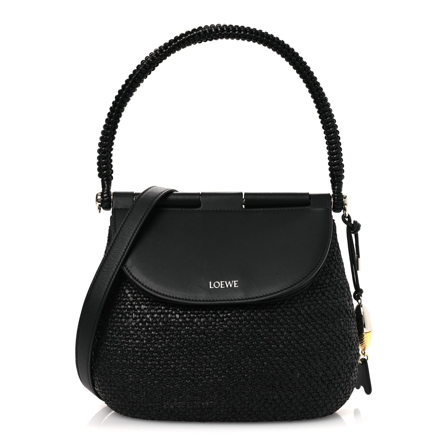Raffia Calfskin Medium Pescador Bag Black