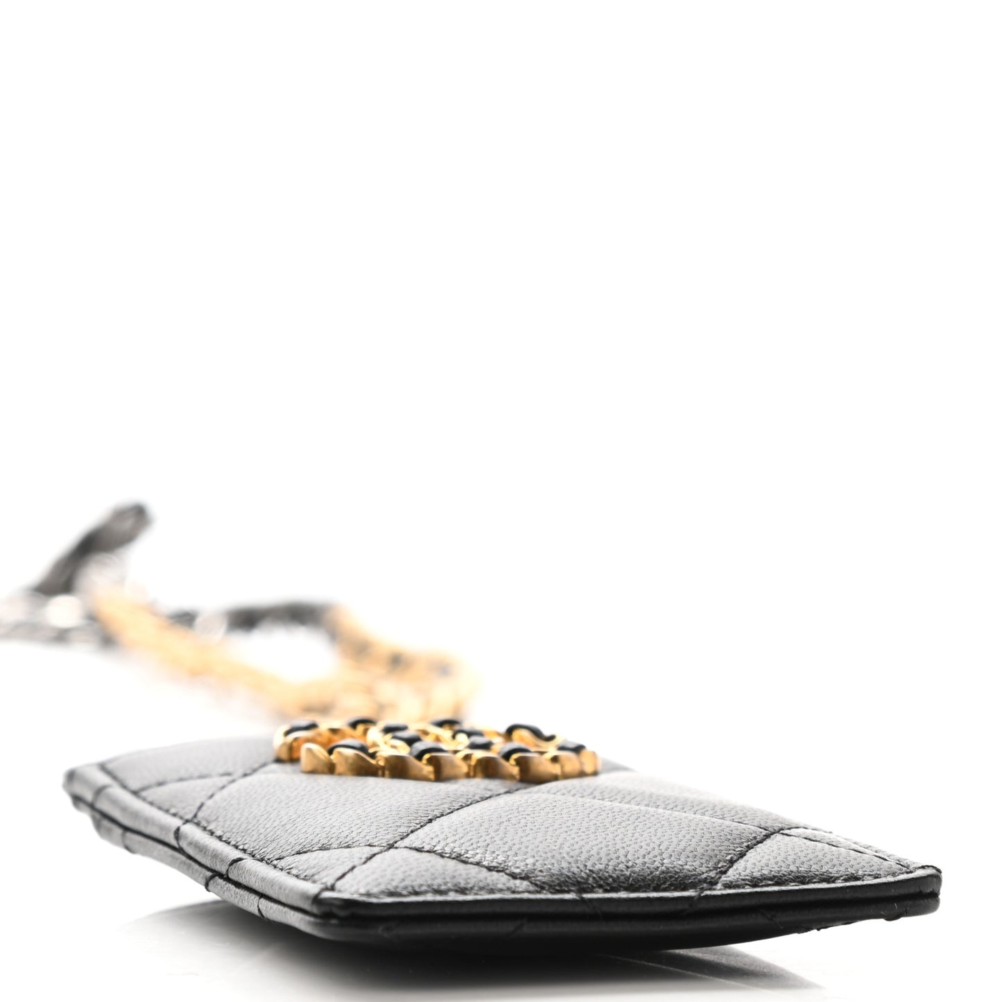 Shiny Goatskin Quilted Chanel 19 Card Holder On Chain Black