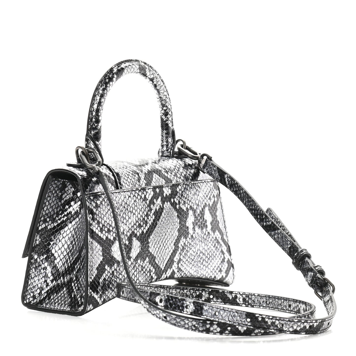 Shiny Calfskin Snakeskin Embossed Hourglass Top Handle Bag XS Silver Black