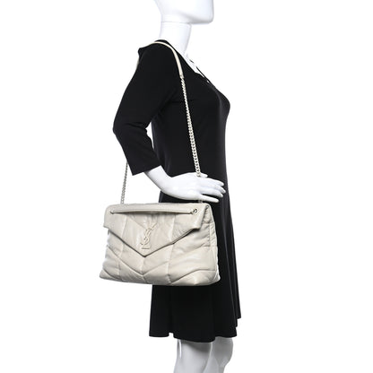 Saint Laurent Lambskin Quilted Medium Loulou Puffer Monogram Chain Satchel Blanc Vintage 2 of 10