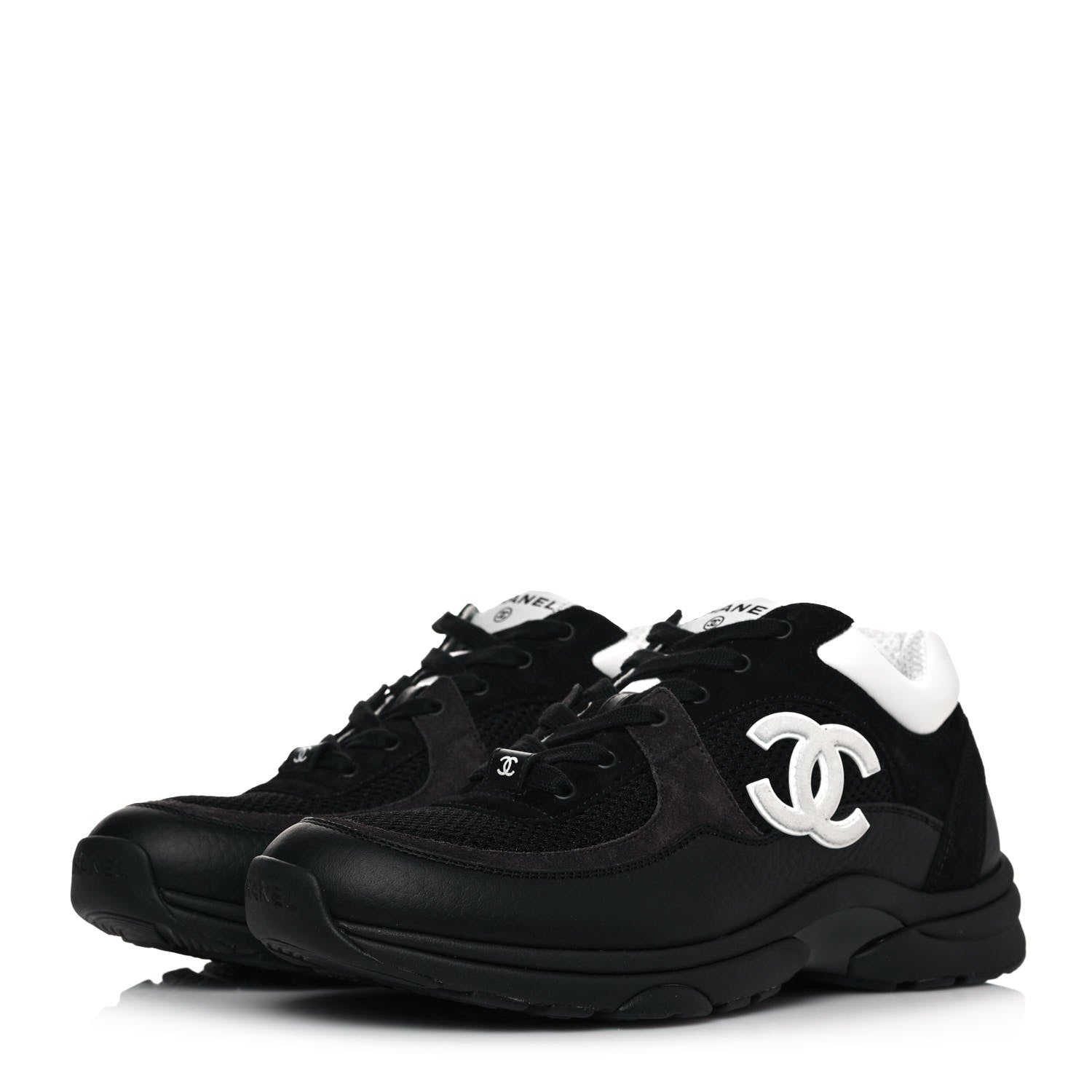 Chanel Mesh Suede Grained Calfskin Womens CC Sneakers 39.5 Black White 3 of 8