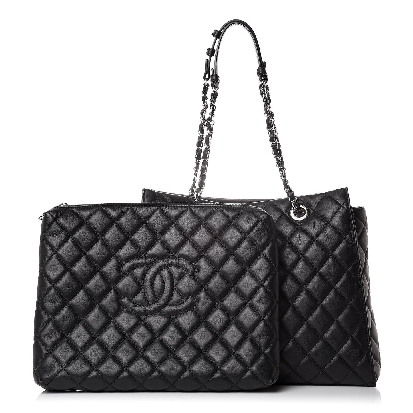 Calfskin Quilted Large Chic and Soft Shopping Tote Black