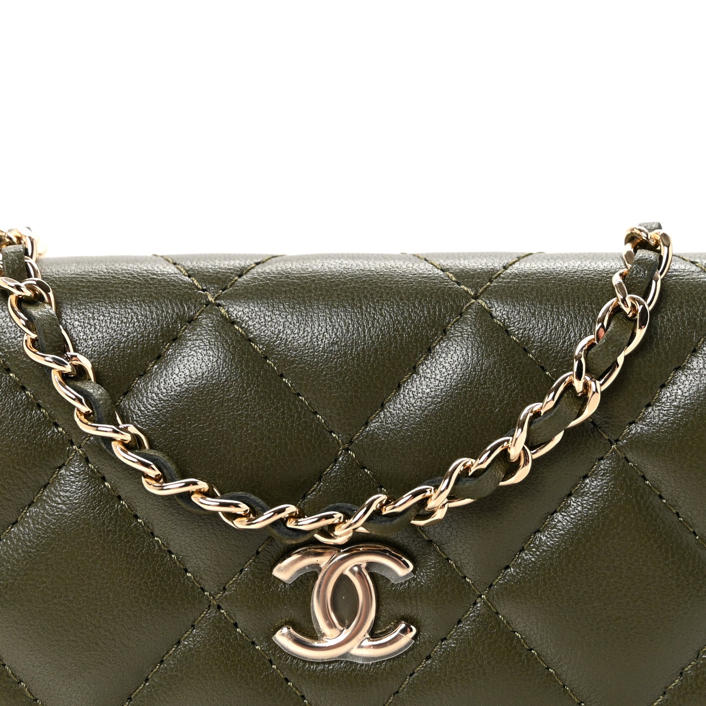 Lambskin Quilted Flap Chain Belt Bag Khaki