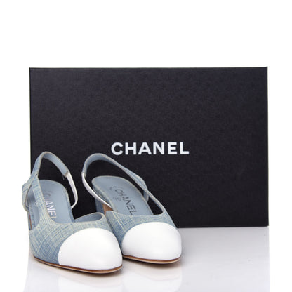Chanel Denim Lambskin Cap Toe CC Slingback Pumps 35 Light Blue White 11 of 11