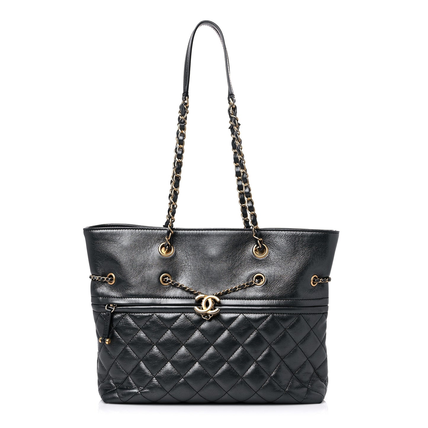 Metallic Aged Calfskin Quilted Drawstring Shopping Tote Dark Grey