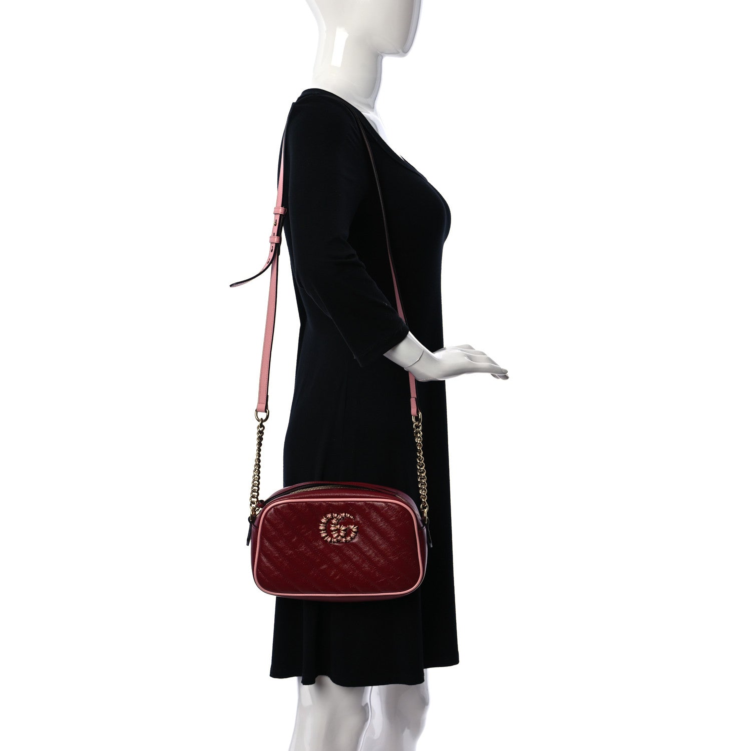Gucci Azalea Calfskin Enamel Matelasse Diagonal Small Torchon GG Marmont Chain Shoulder Bag New Cherry Red Wild Rose 2 of 12