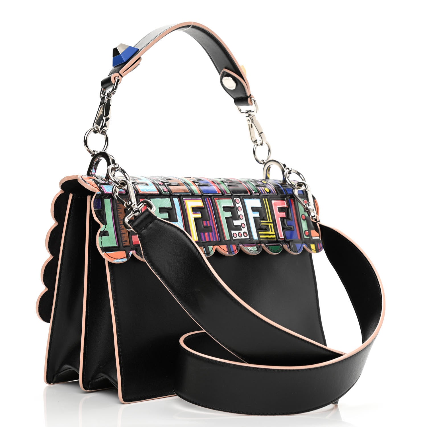Fendi Vitello Liberty Fun Fair Embossed Scalloped Kan I Shoulder Bag Black Multicolor 3 of 10