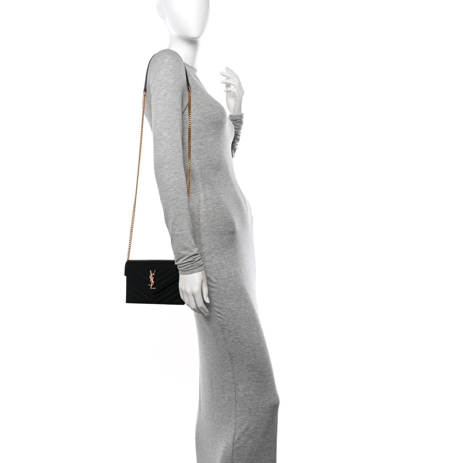 Saint Laurent Grain De Poudre Matelasse Chevron Monogram Envelope Chain Wallet Black 2 of 14