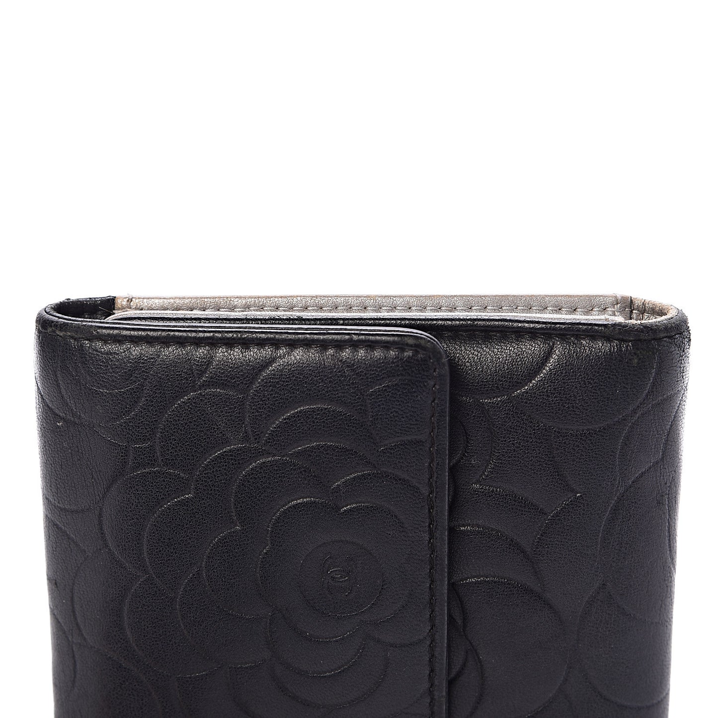 Lambskin Camellia Embossed Large Flap Wallet Black