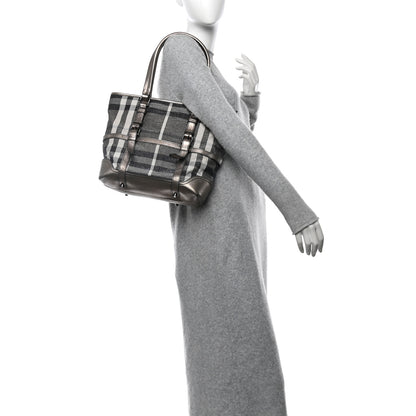 Burberry Metallic Calfskin House Check Tote Pewter 2 of 12