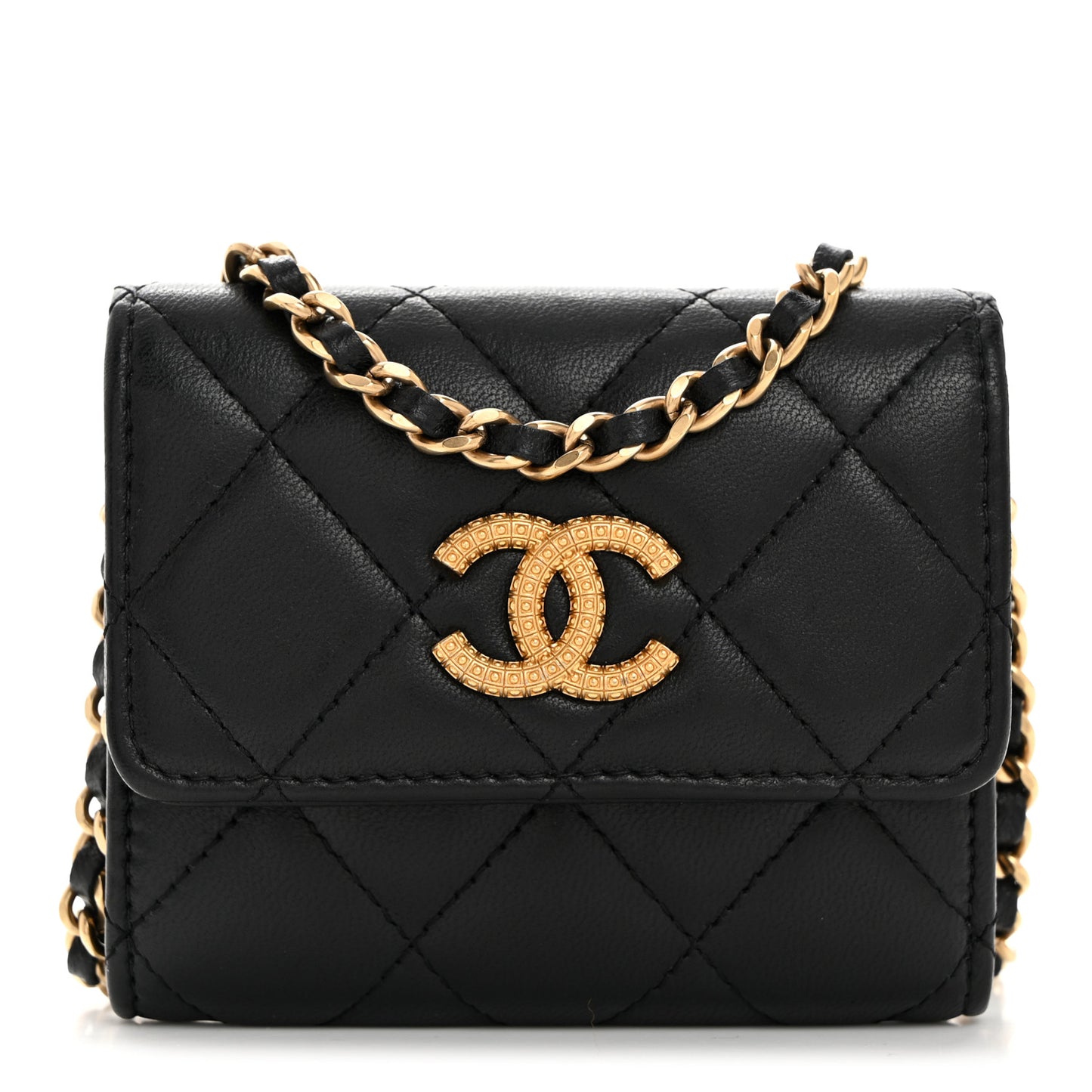 Lambskin Quilted Studded CC Clutch With Chain Black