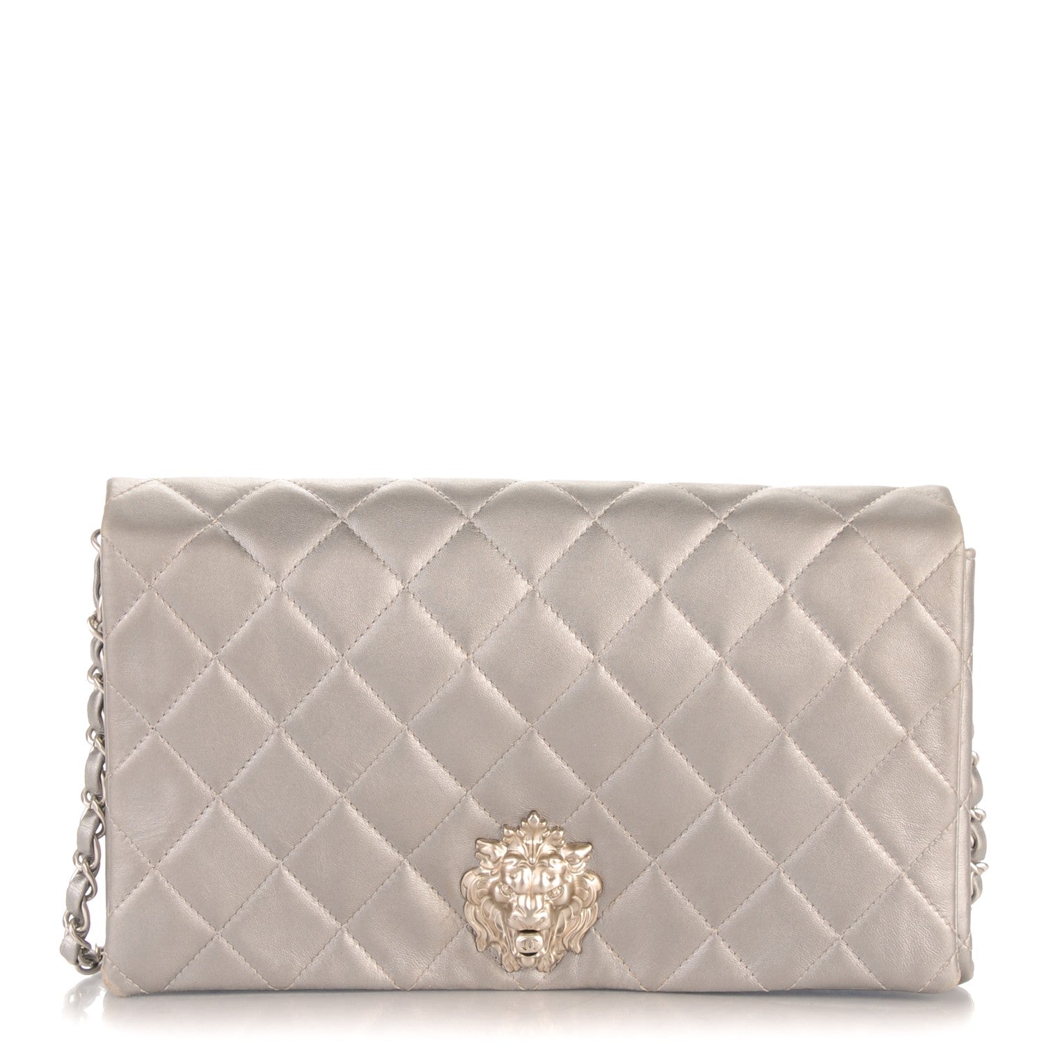 Chanel Metallic Lambskin Quilted Medium Leo Lion Flap Clutch Silver 1 of 9