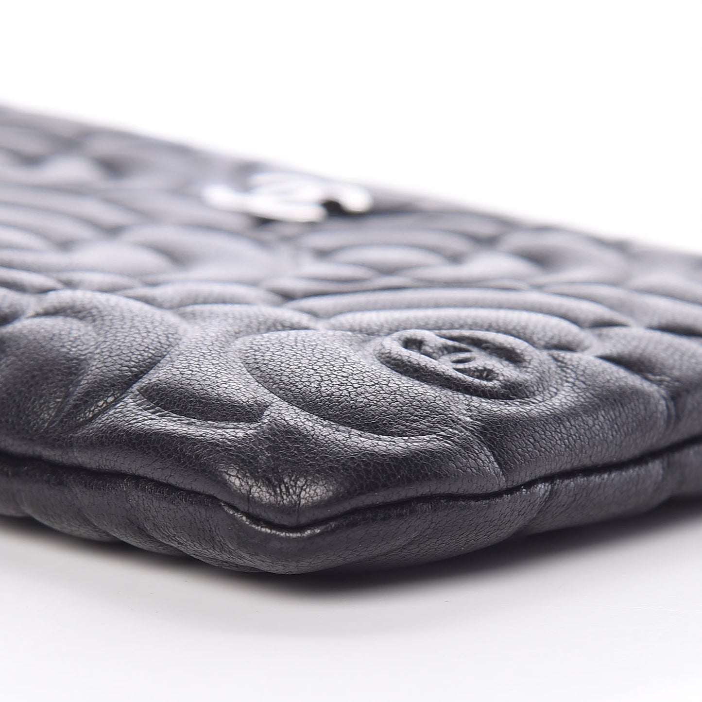 Goatskin Camellia Embossed Cosmetic Pouch Black