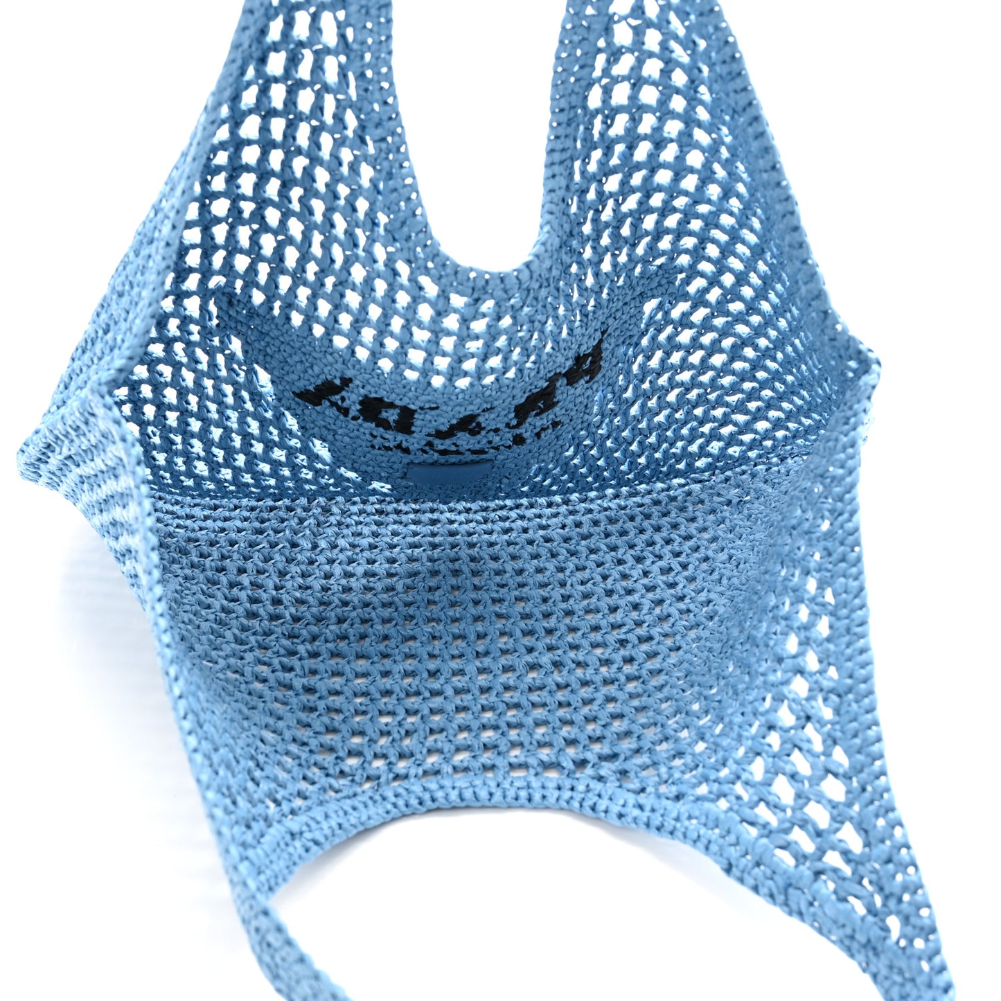 Yarn Raffia Effect Crochet Logo Embroidered Shopping Tote Bag Celeste