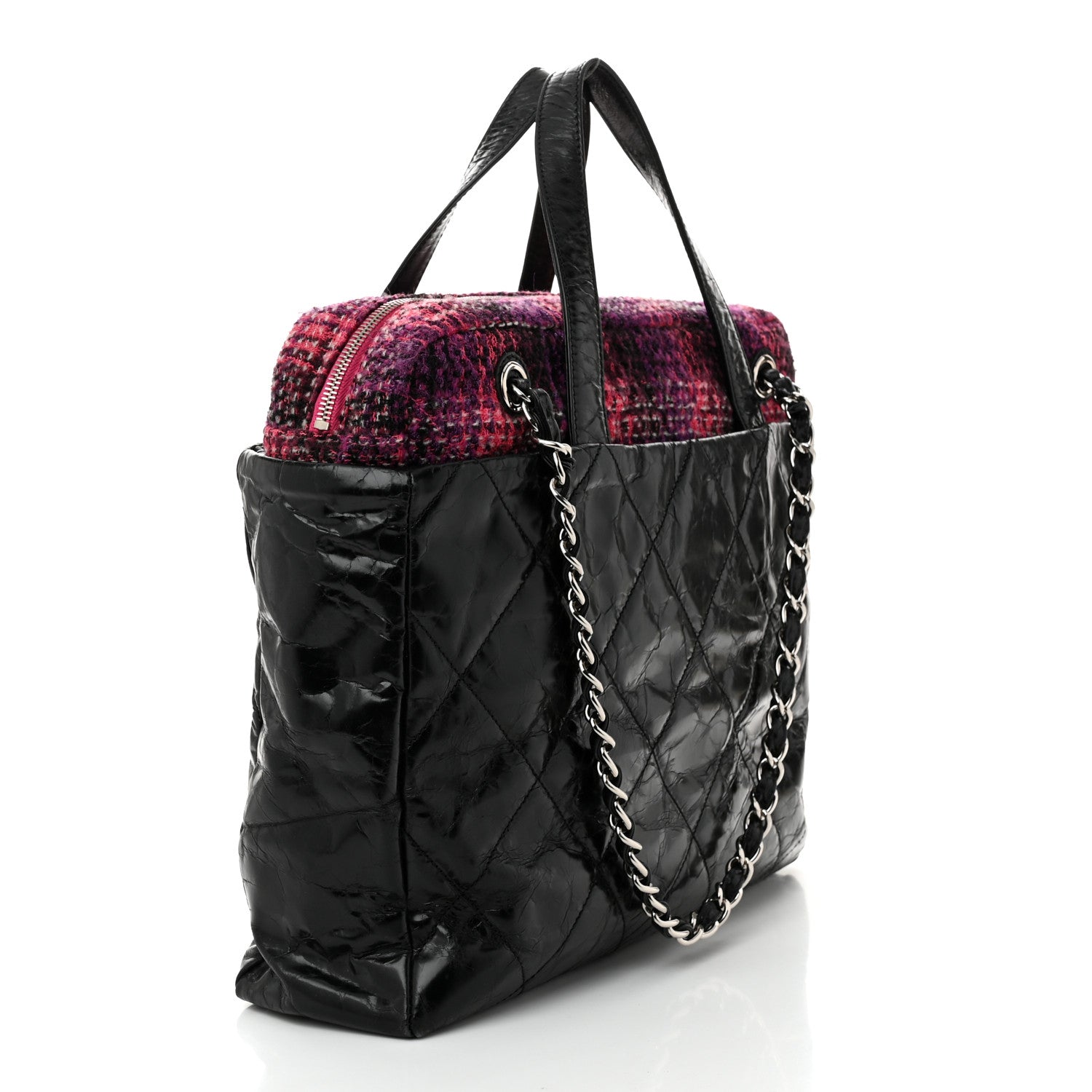 Chanel Glazed Calfskin Quilted Tweed Portobello Tote Black Pink 3 of 10