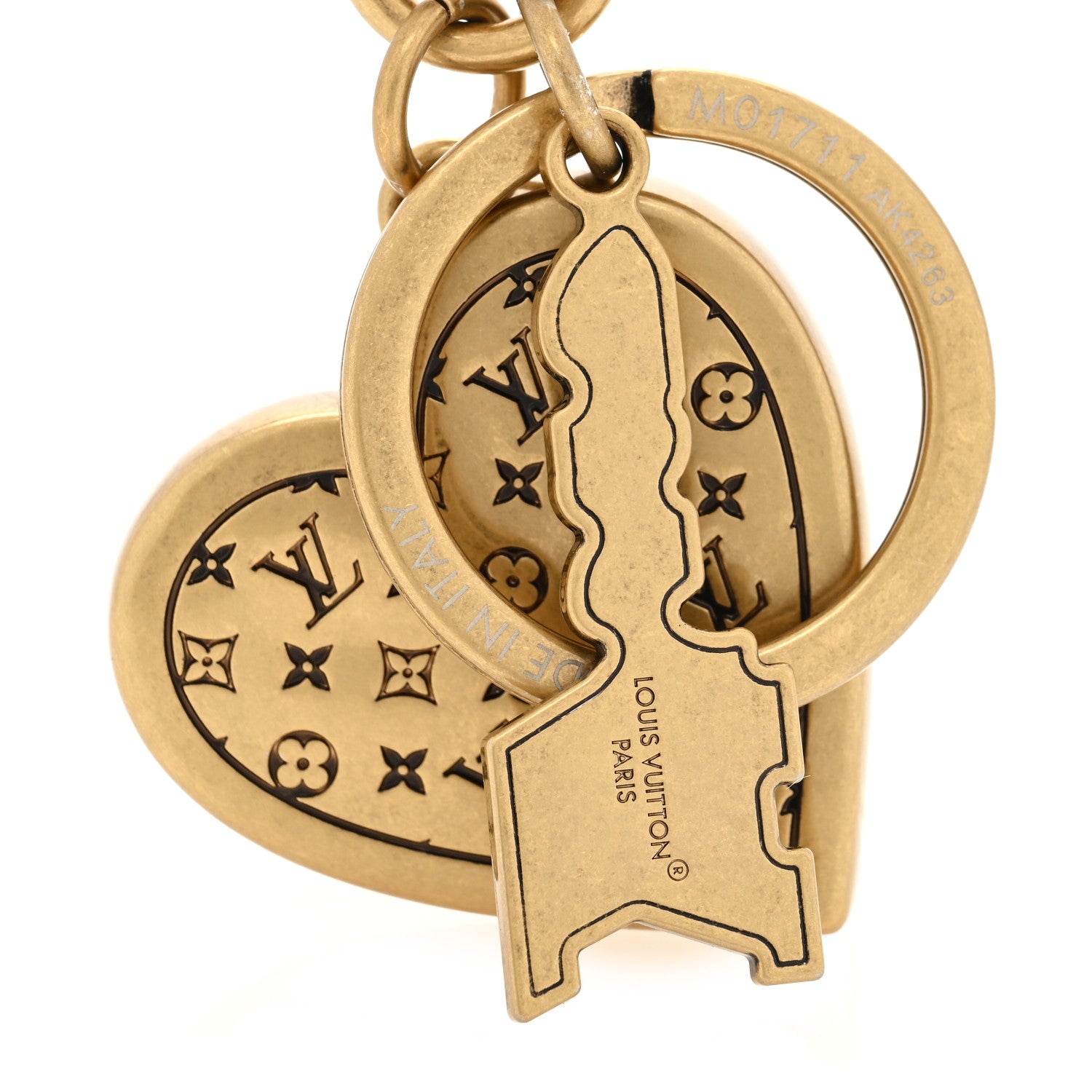Louis Vuitton Metal LV Lovers Heart Bag Charm Key Holder Antique Gold 3 of 3