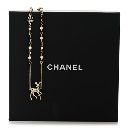 Chanel Pearl Crystal CC Deer Long Necklace Gold Green 6 of 6