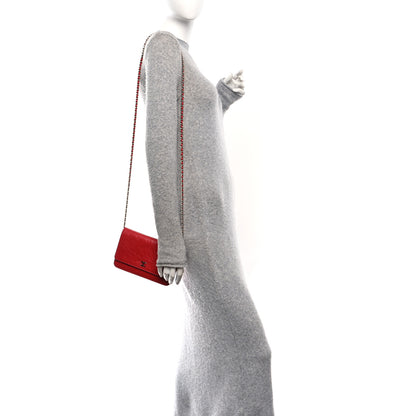 Chanel Lambskin Camellia Embossed Wallet on Chain WOC Red 2 of 12