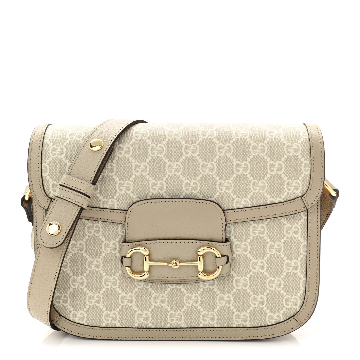 Gucci GG Supreme Monogram Textured Dollar Calfskin Horsebit 1955 Shoulder Bag Beige Mystic White Oatmeal 1 of 10