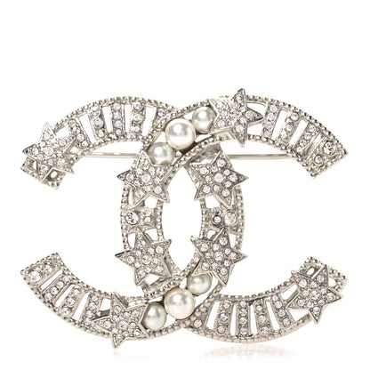 Chanel Crystal Pearl CC Star Coco Flapper Brooch Silver 1 of 4