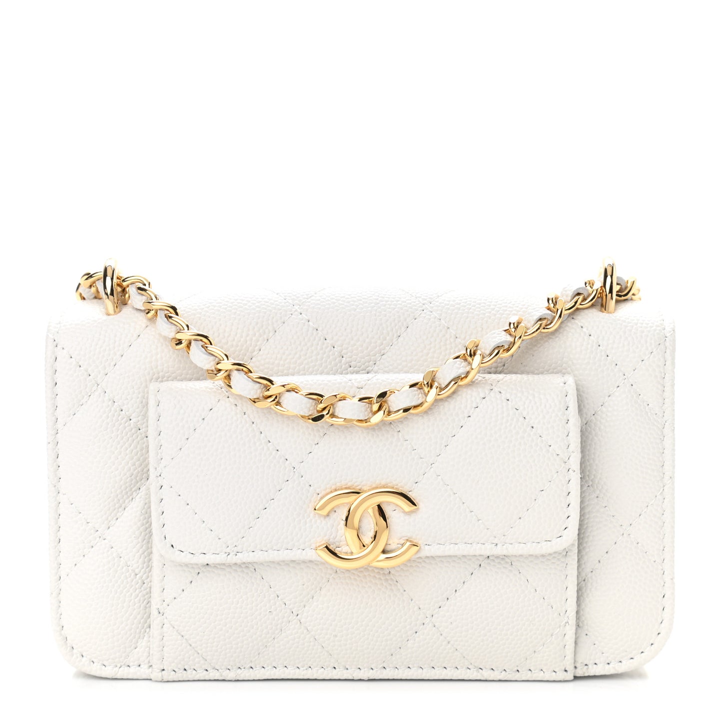 Caviar Quilted Pocket Twins Clutch With Chain White