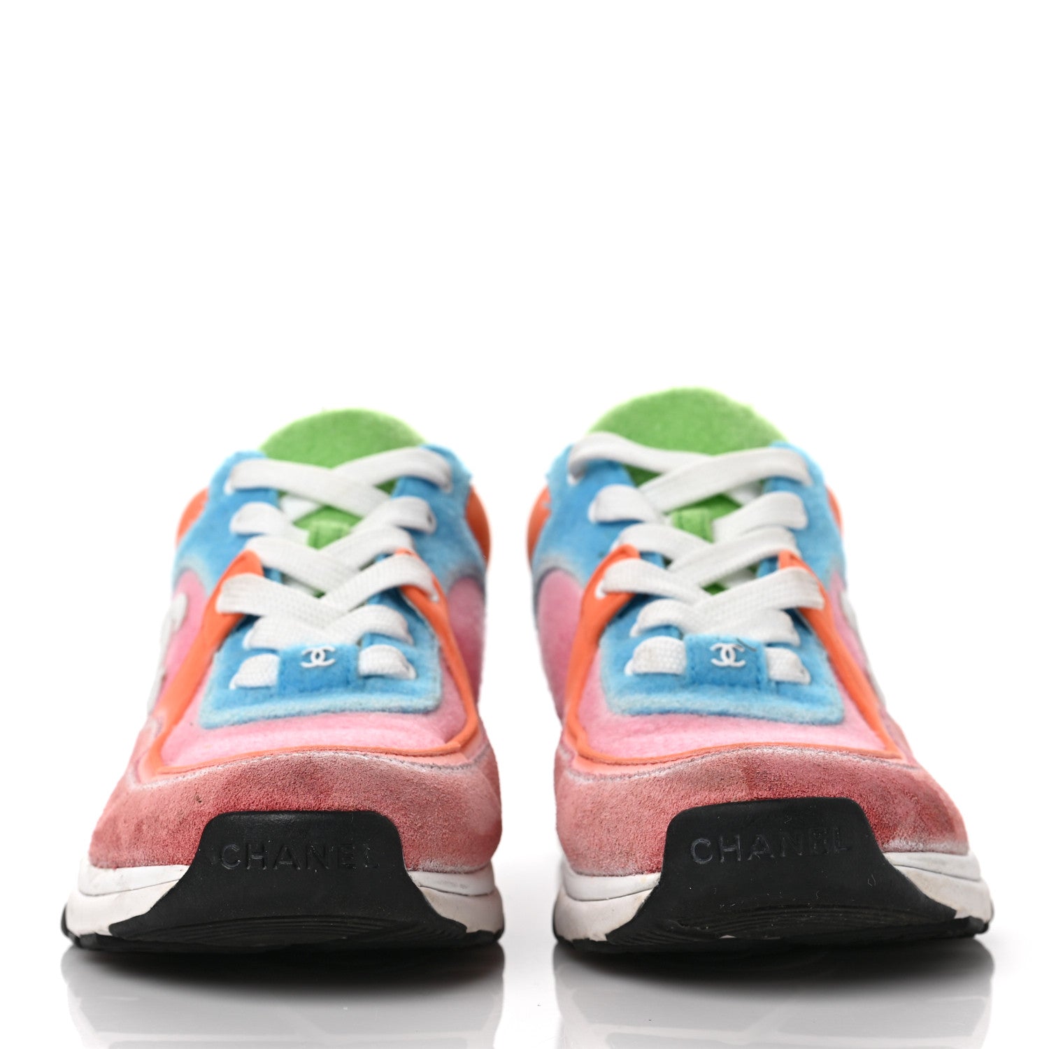 Chanel Nylon Lambskin Suede Calfskin CC Sneakers 37 Coral Light Blue White 2 of 10