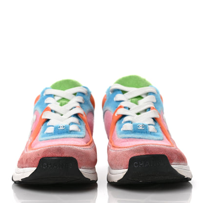 Chanel Nylon Lambskin Suede Calfskin CC Sneakers 37 Coral Light Blue White 2 of 10