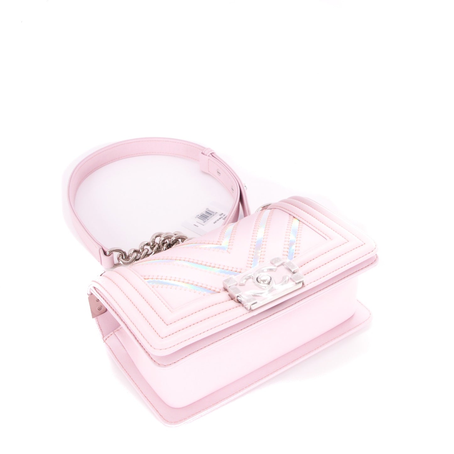 Lambskin Iridescent PVC Chevron Quilted Small Boy Flap Light Pink Silver