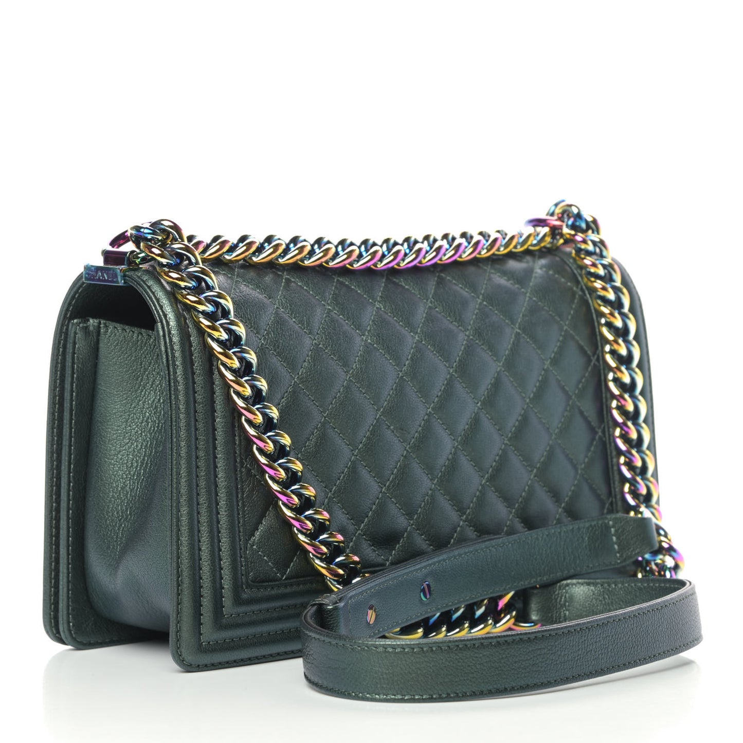 Iridescent Goatskin Quilted Medium Boy Flap Green