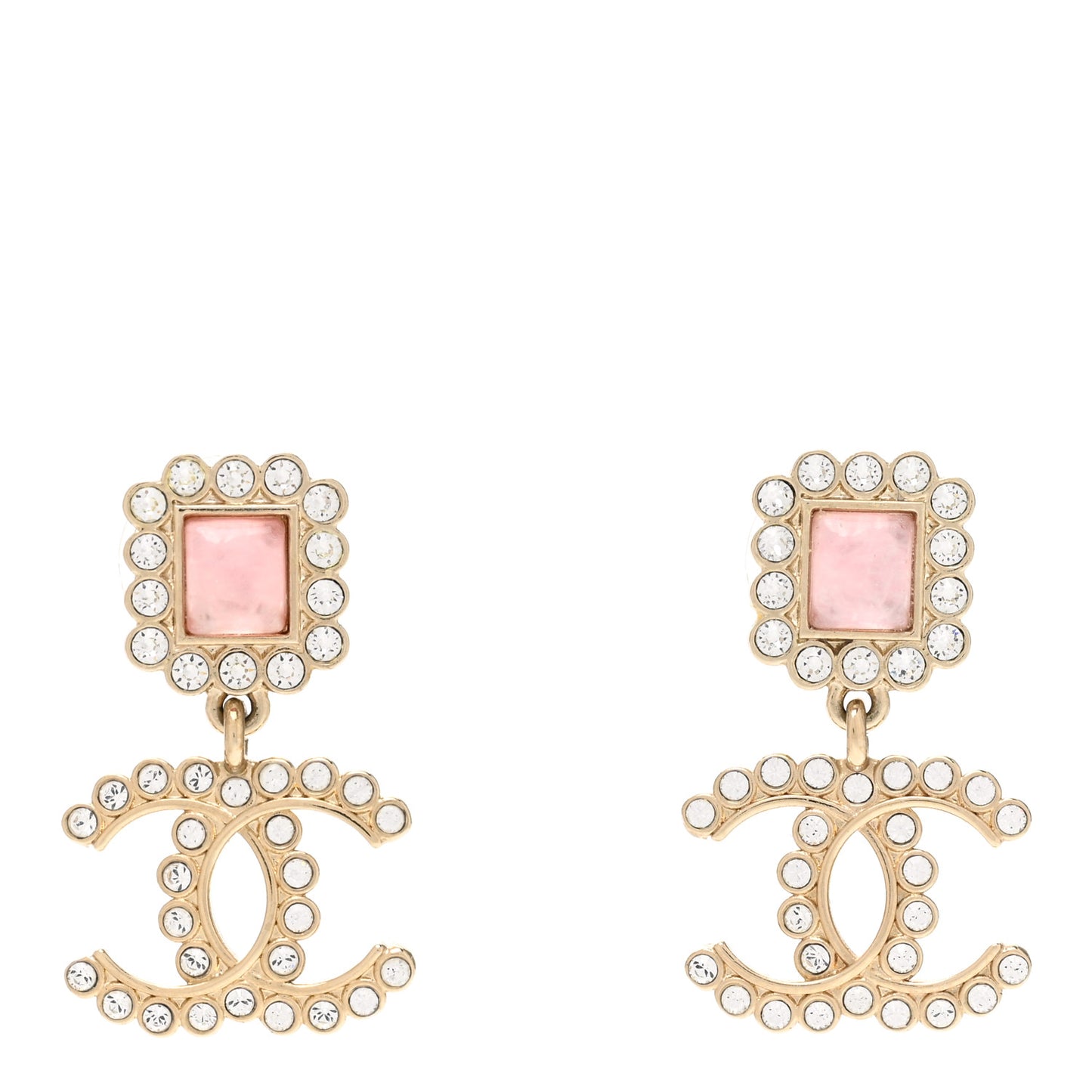 Metal Square Crystal Pearl CC Drop Earrings Pink Gold