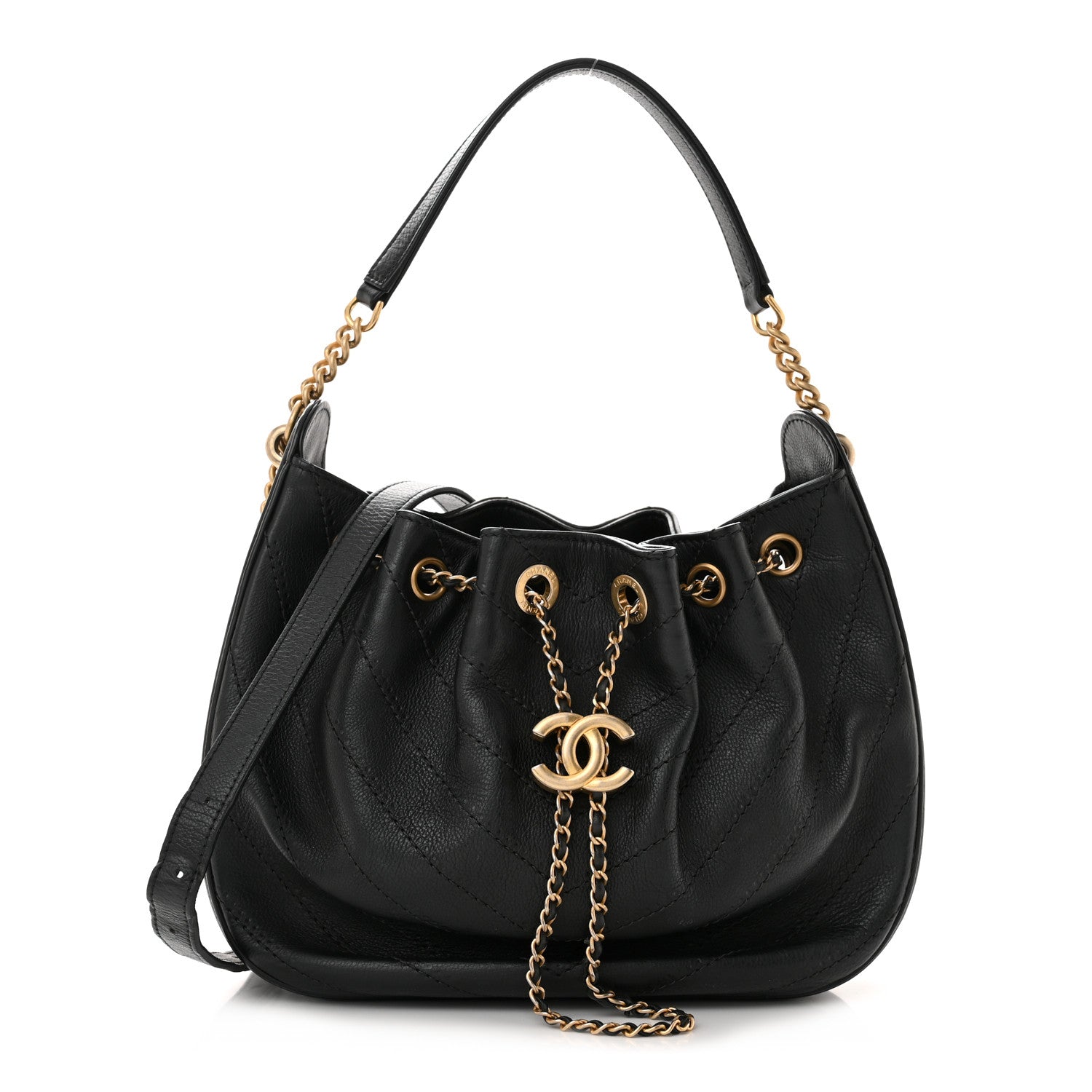 Chanel Grained Calfskin Chevron Drawstring Bucket Bag Black 1 of 12