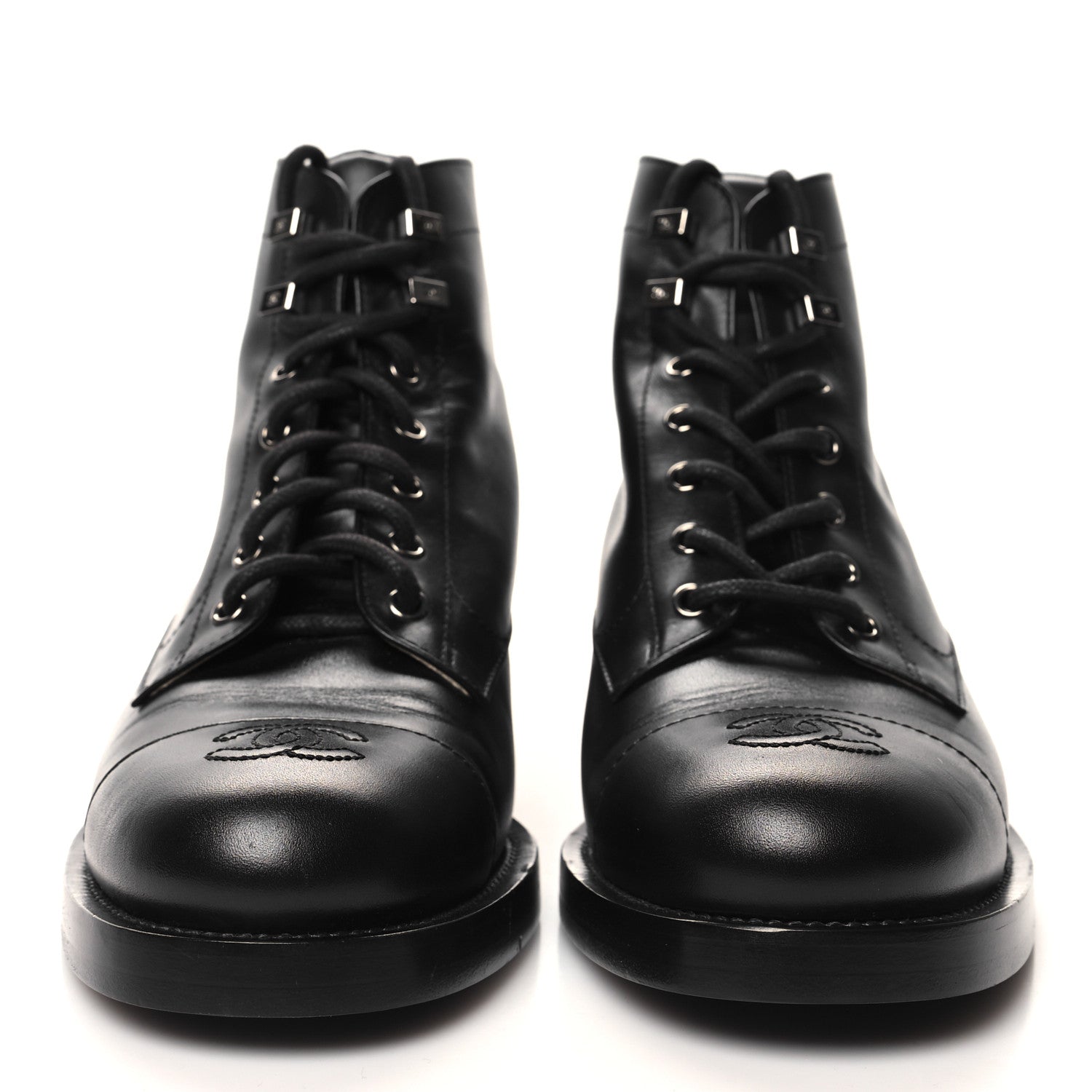 Chanel Calfskin Lace Up CC Combat Boots 40.5 Black 2 of 10
