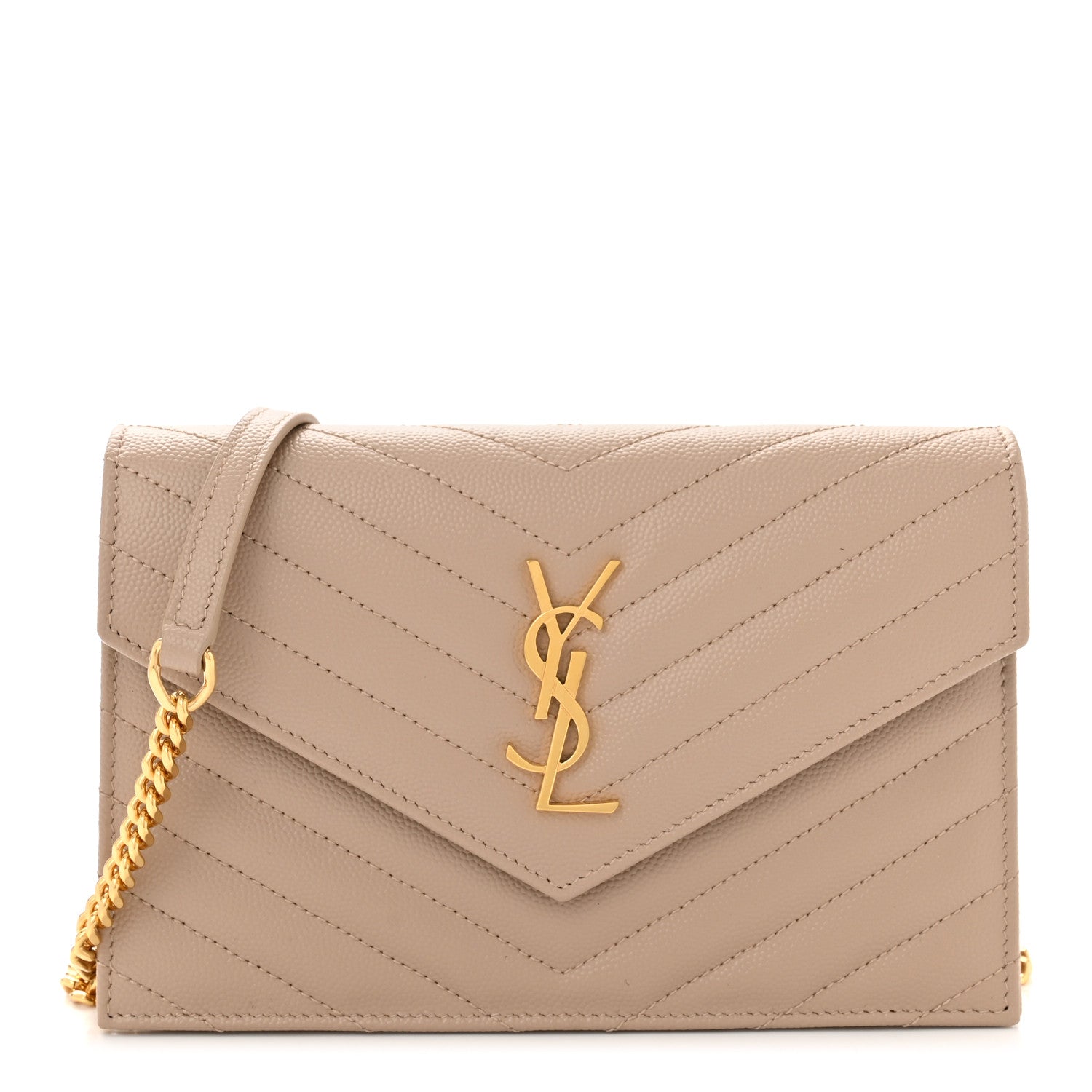 Saint Laurent Grain De Poudre Matelasse Chevron Monogram Envelope Chain Wallet Dark Beige 1 of 12