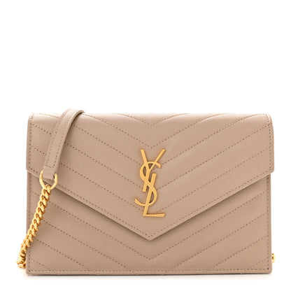 Saint Laurent Grain De Poudre Matelasse Chevron Monogram Envelope Chain Wallet Dark Beige 1 of 12