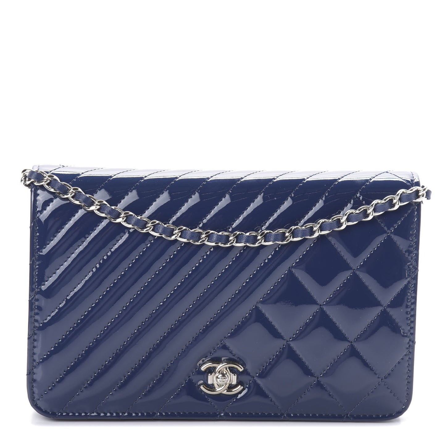 Patent Quilted Coco Boy Wallet On Chain WOC Blue