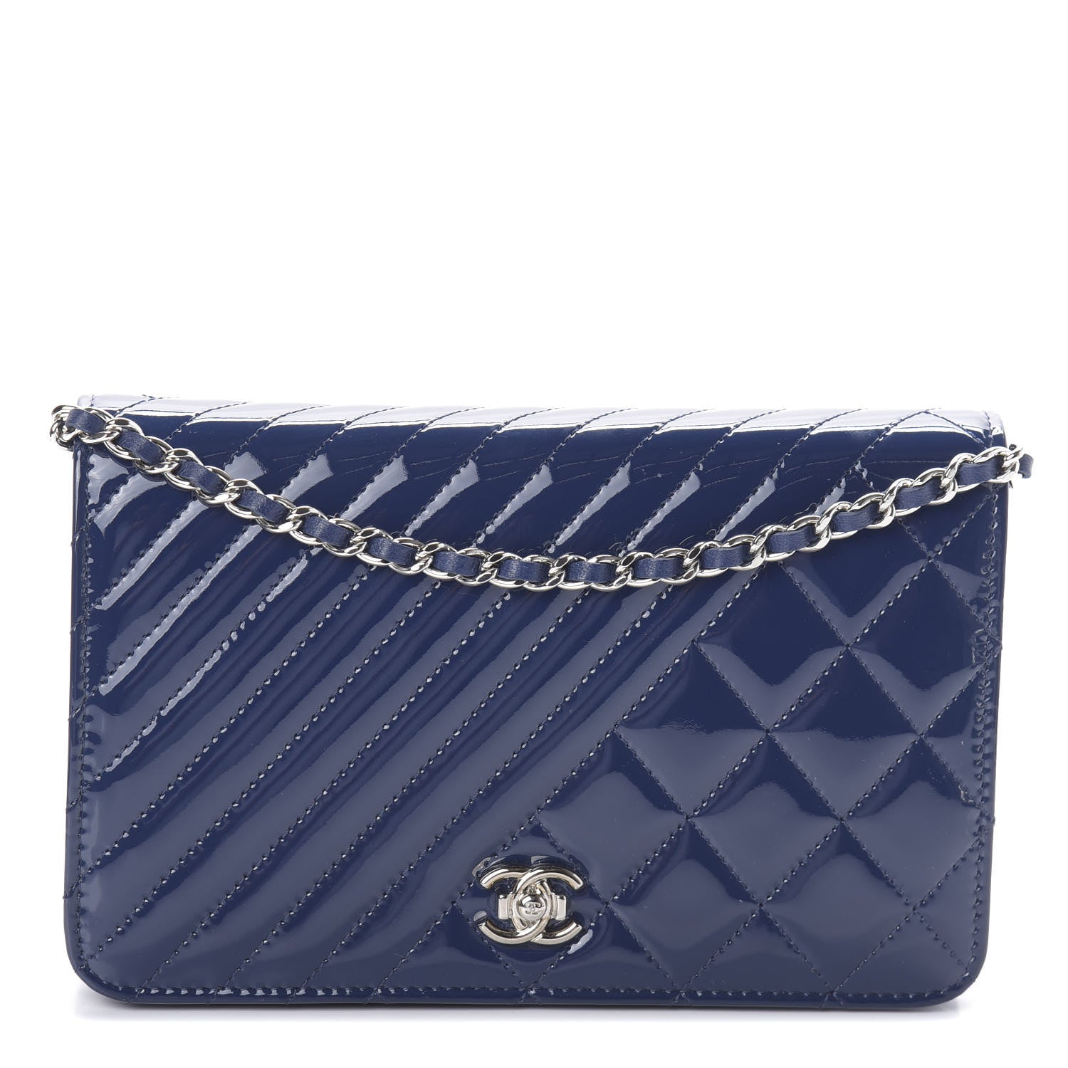 Chanel Patent Quilted Coco Boy Wallet On Chain WOC Blue 1 of 10