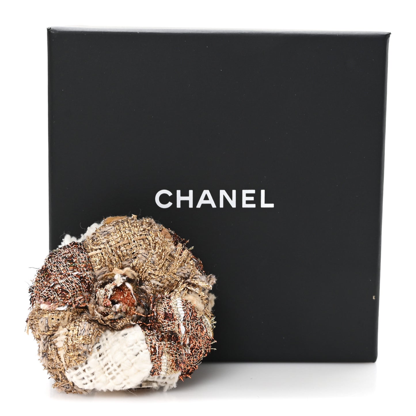 Metallic Tweed CC Camellia Brooch Gold Ivory