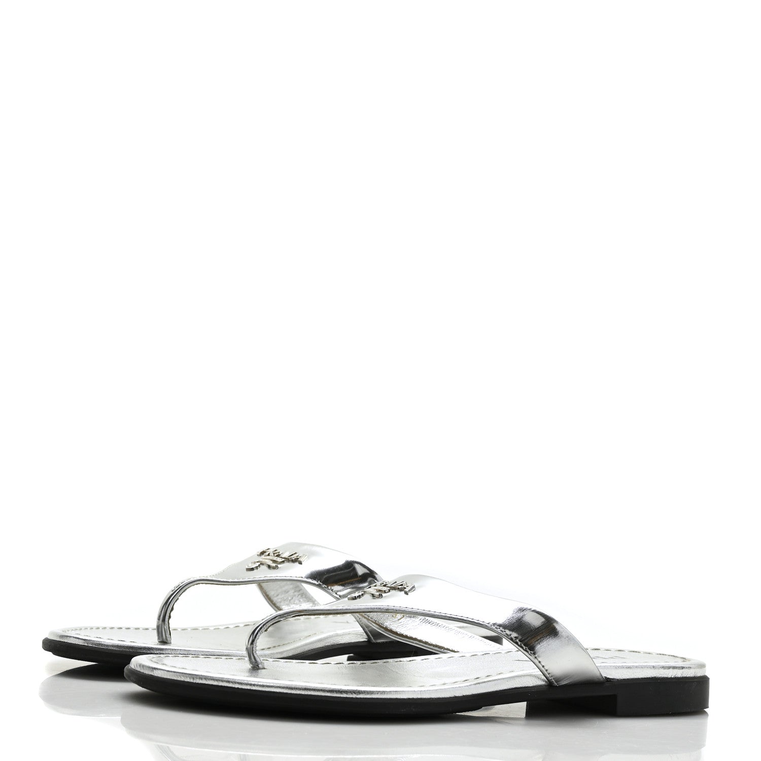 Prada Metallic Calfskin Logo Thong Sandals 37 Silver 3 of 9