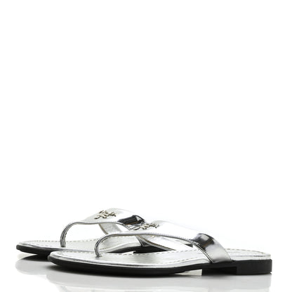 Prada Metallic Calfskin Logo Thong Sandals 37 Silver 3 of 9
