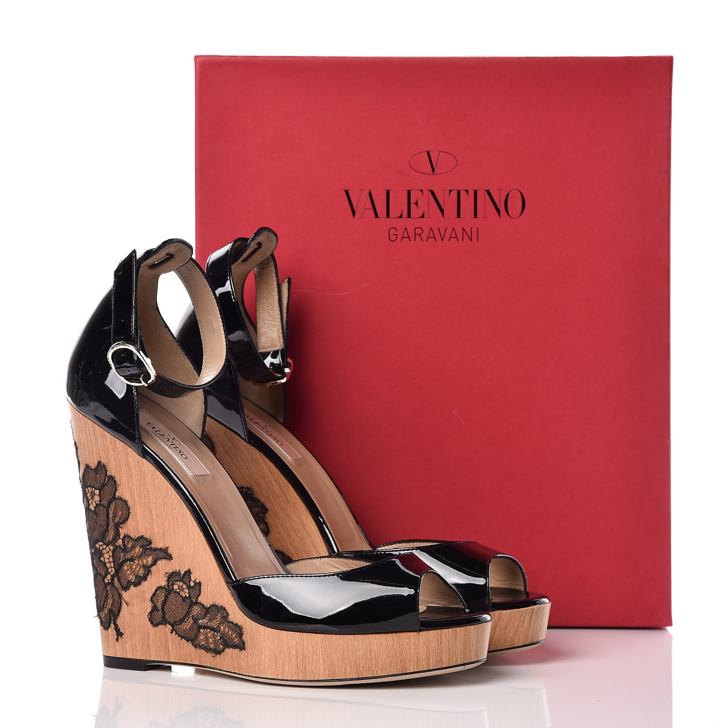 Valentino Garavani Calfskin Lace Applique Wood Wedge Sandals 39 Black 15 of 15