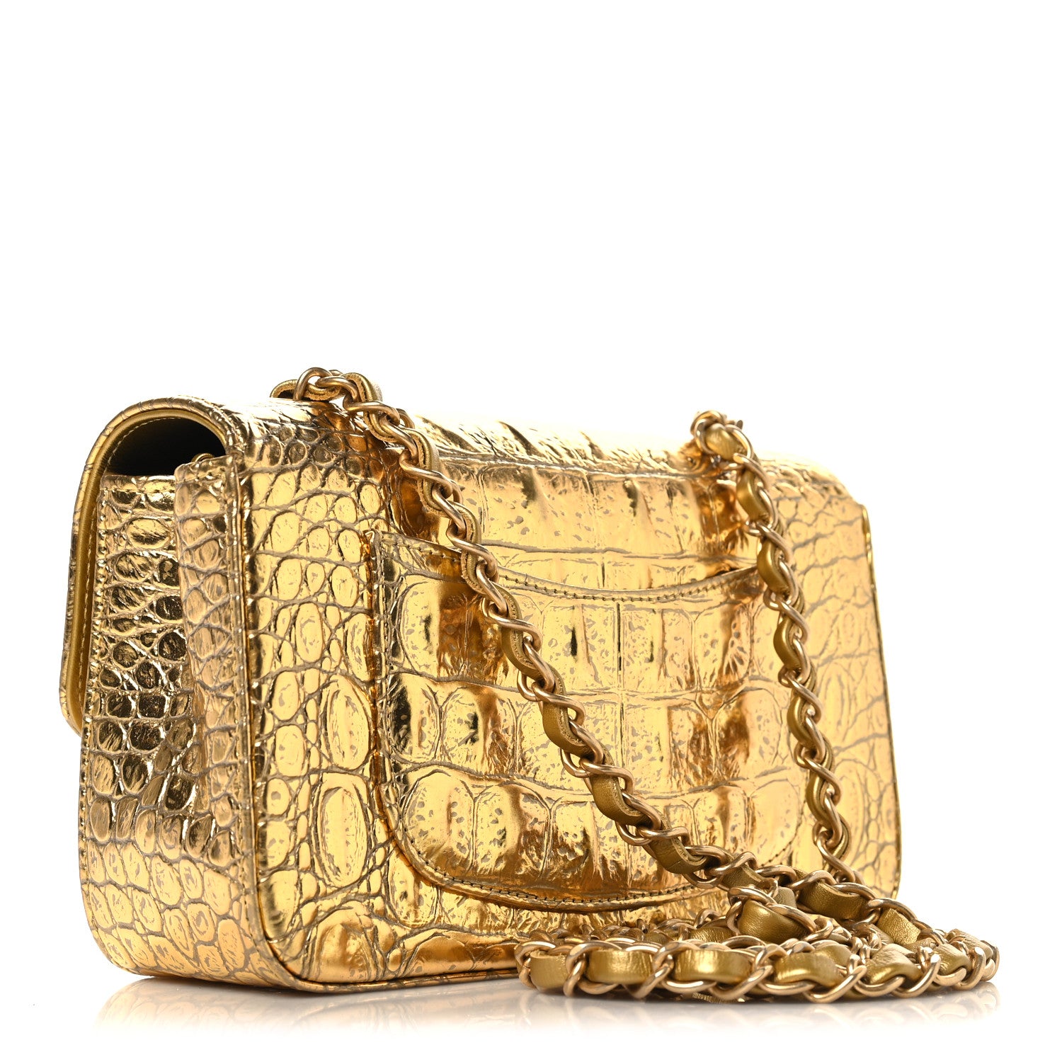 Chanel Metallic Calfskin Crocodile Embossed Cocodile Rectangular Mini Flap Gold 3 of 10