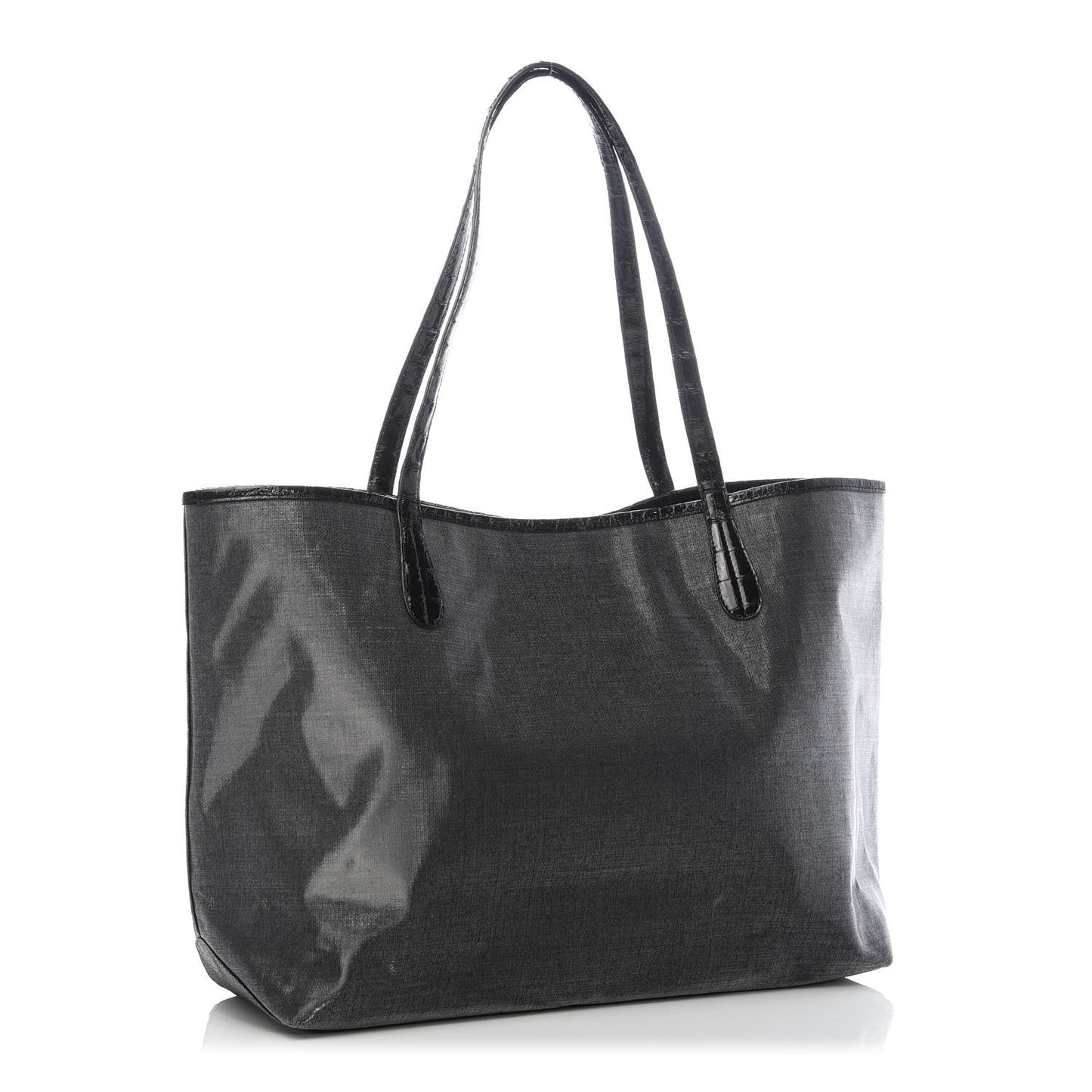 Coated Linen Crocodile Medium Erica Shopper Tote Black