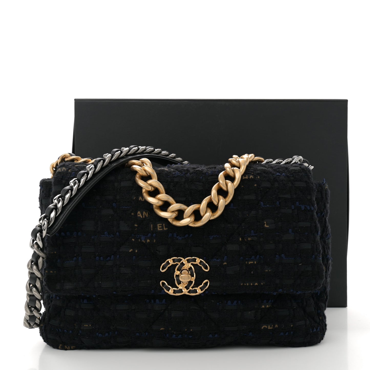 Tweed Quilted Large Chanel 19 Flap Black Navy Gold