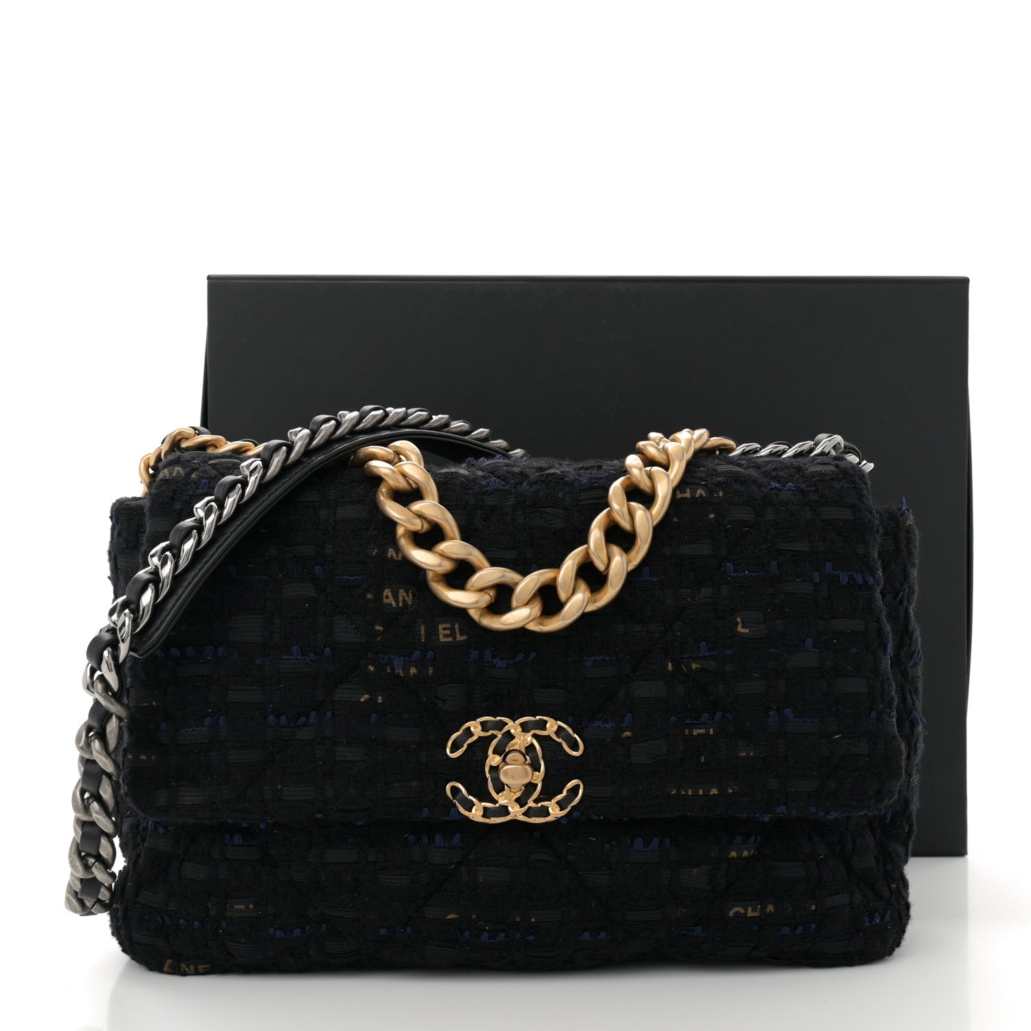 Chanel Tweed Quilted Large Chanel 19 Flap Black Navy Gold 12 of 12