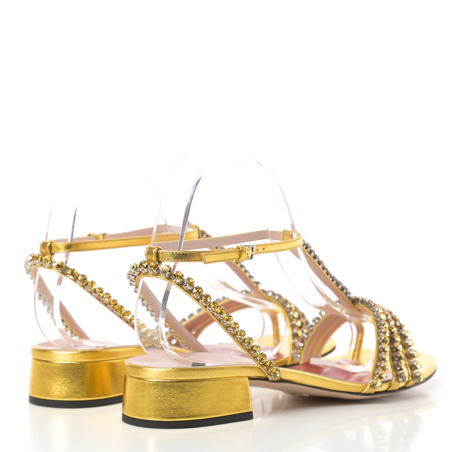 Gucci Nappa Silk Crystal Bertie T-Strap Low Heel Sandals 39 Gold 4 of 8
